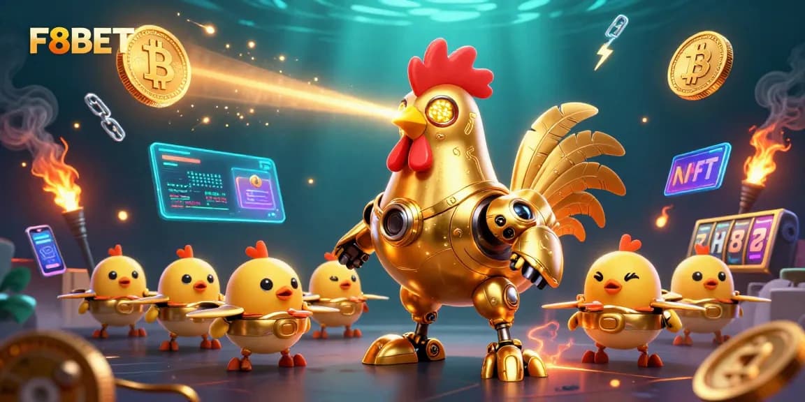 Engage with F8BET's thrilling gaming experience featuring a golden rooster robot and vibrant crypto elements.
