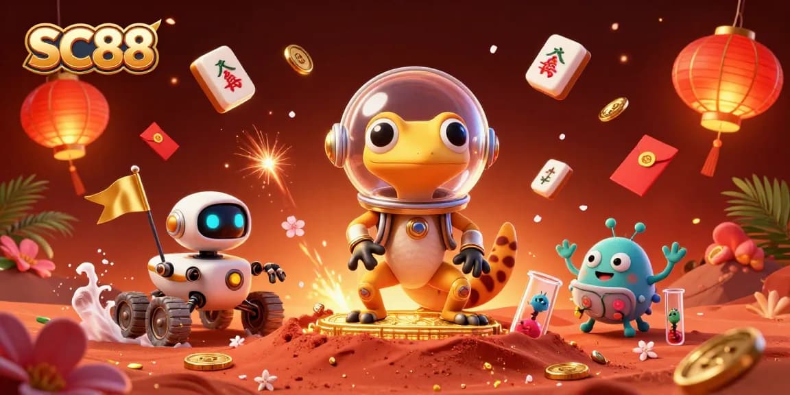 Win big with SC88 at the vibrant casino scene featuring a Martian gecko and hidden treasures.