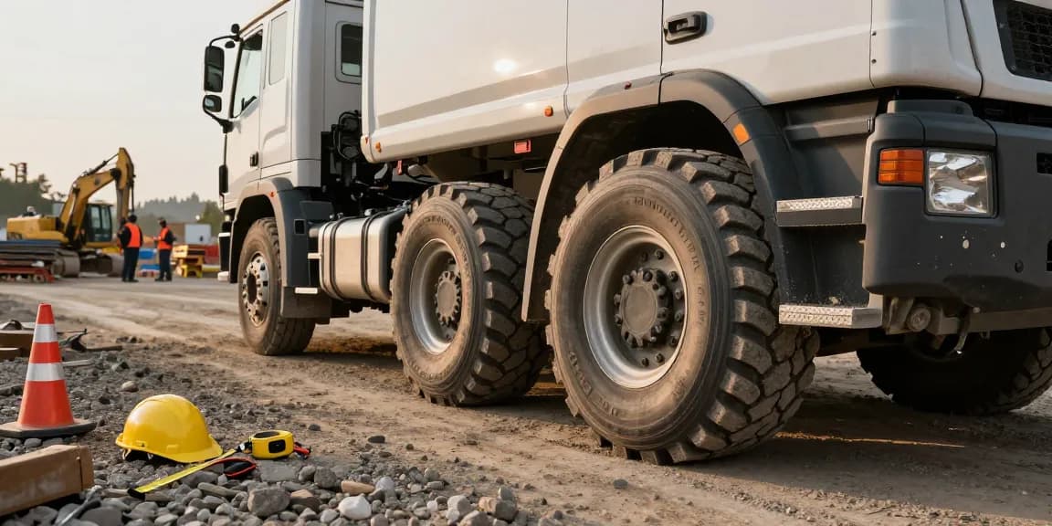 Heavy-duty truck with Double Coin RR99 tires at a construction site showcasing robust durability and reliability.