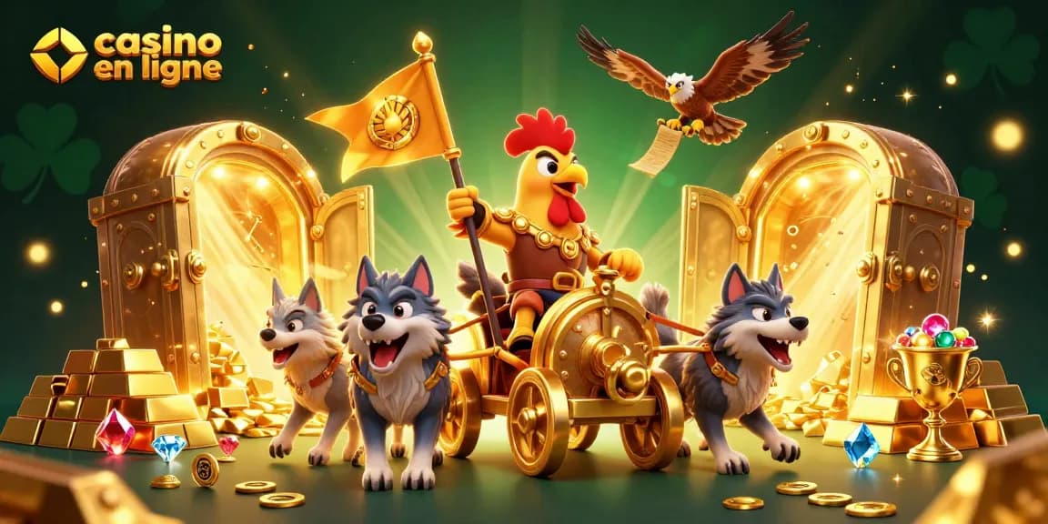 Jouez à des jeux captivants sur le casino en ligne avec une illustration pleine de richesses et d'action.