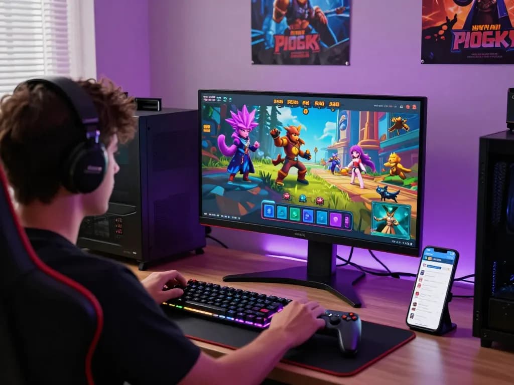 Player immersed in HTML porn game with interactive scenes on a vibrant gaming setup.