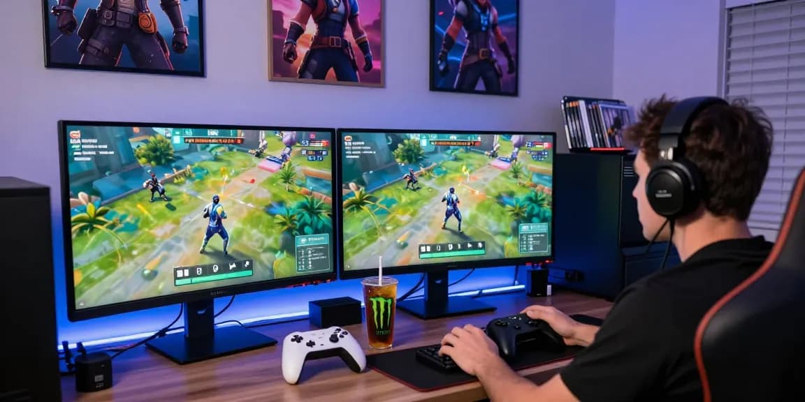 Fortnite Hack gameplay scene with intense gamer using cheats