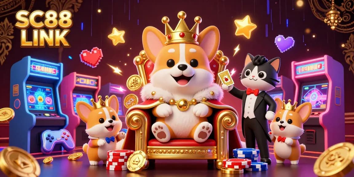 Interact with SC88 LINK, the royal corgi casino, amidst vibrant 3D game elements and neon glows.