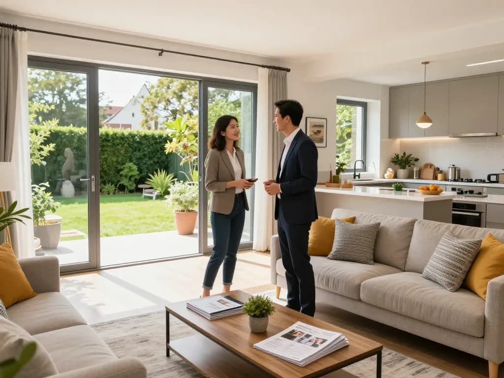 Immobilienmakler Frankfurt Riedberg präsentiert potenziellen Käufern ein modernes Familienhaus in einem hellen, gestalteten Wohnzimmer.