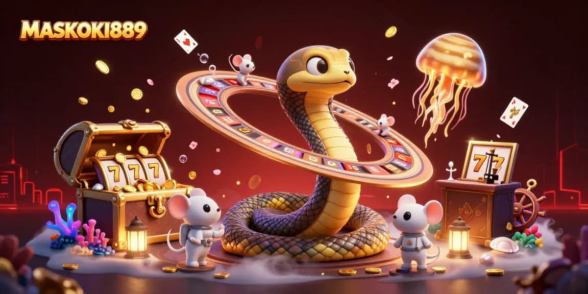 Engage in tantalizing slots at MASKOKI889, with a vibrant 3D illustration of a roulette wheel and bets being placed.