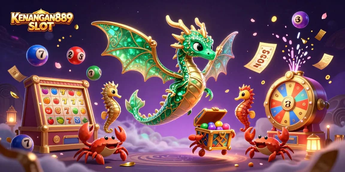 Play vibrant KENANGAN889 SLOT with an exciting 3D cartoon scene of a sea dragon, slot reels, and treasure
