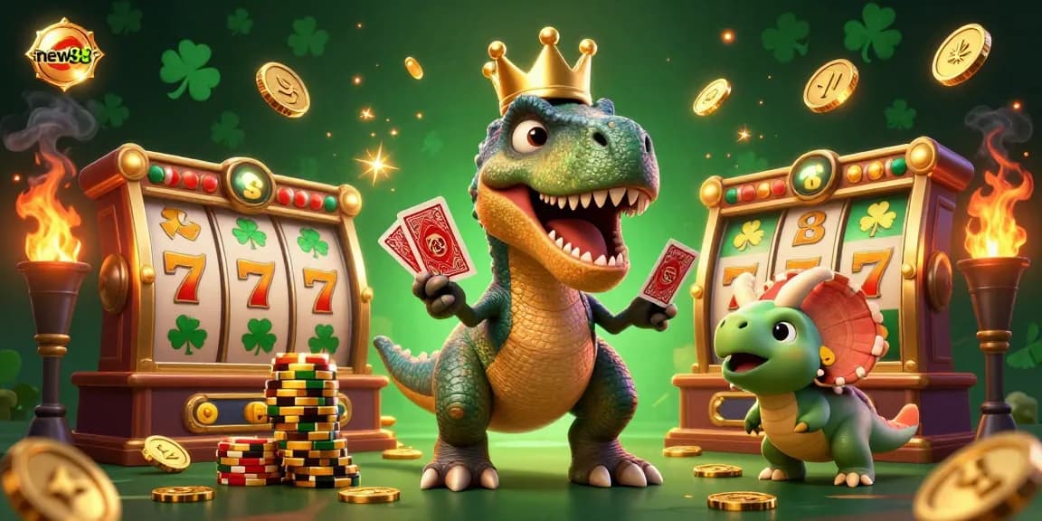 Enjoy thrilling slot games at new88 with a vibrant scene featuring a cartoon T-Rex and friends surrounded by gold coins and lucky symbols.