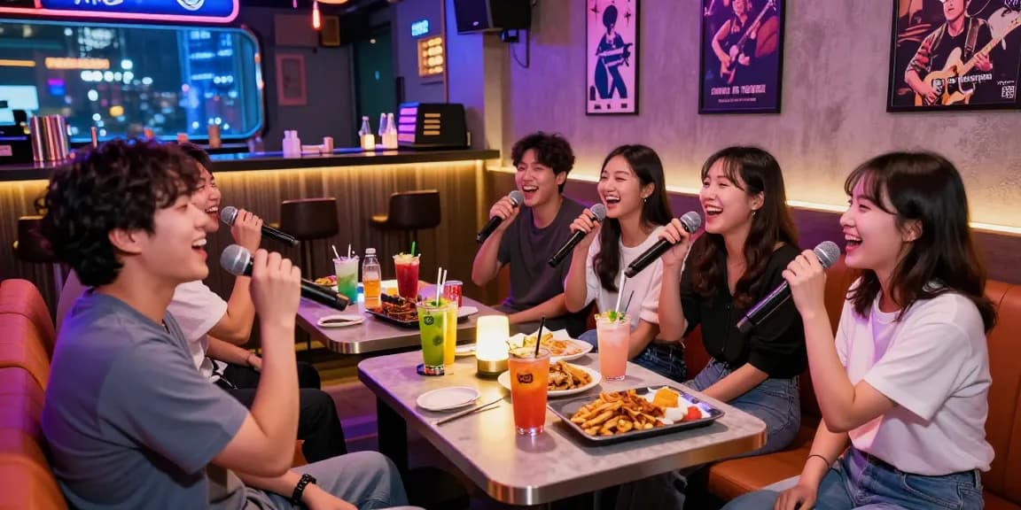인천쓰리노에서 친구들이 즐겁게 노래 부르는 모습과 화려한 조명이 있는 공간