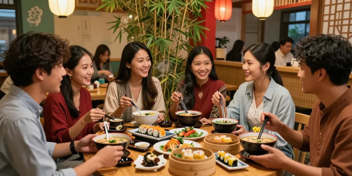 Engaging Asian cuisine exploration at https://hanadultalk.com featuring young adults enjoying vibrant cultural experience in a cozy cafe.