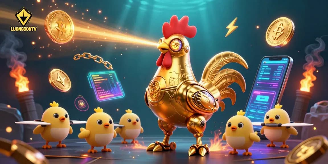 Engage with LUONGSONTV's dynamic gaming scene featuring a golden rooster robot and crypto elements.