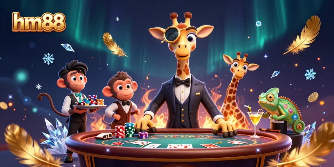 Experience high-stakes gaming at hm88 with a 3D cartoon giraffe and monkey valet in an exciting casino scene.