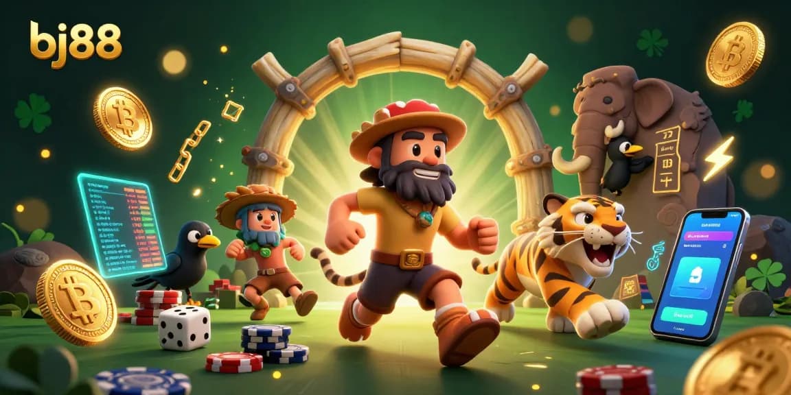 Engage with bj88 in a vibrant prehistoric casino scene featuring unique characters and elements.