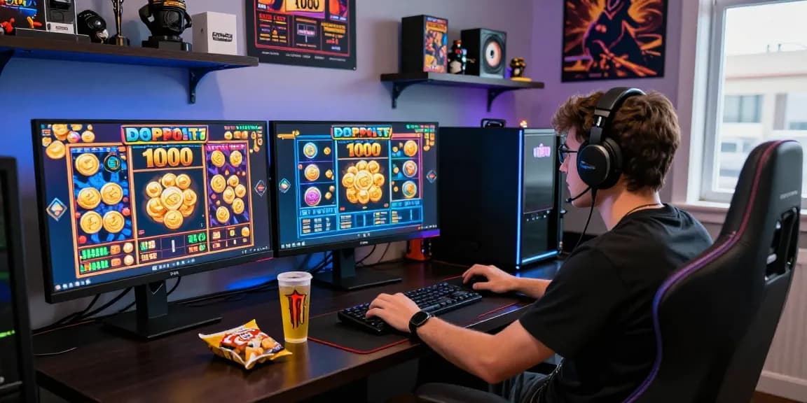 Player immersed in a slot deposit 1000 gaming experience with vibrant slot graphics, energy drinks, and gaming memorabilia.
