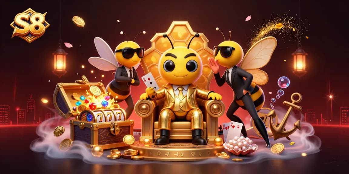 S8 casino scene featuring an ultra-detailed cartoon bumblebee mob boss with exciting game elements.