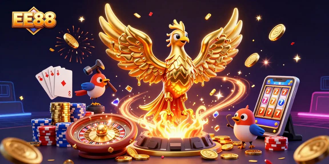 Play as a winner at EE88 with a vibrant 3D illustration of casino excitement and celebration.
