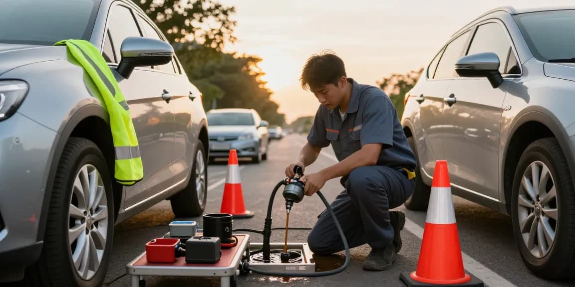 Technician draining wrong fuel in car during roadside assistance service.