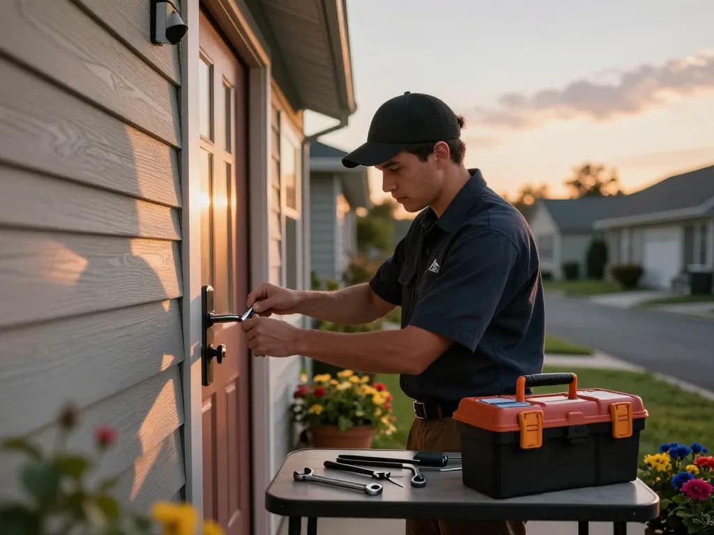 Local locksmith Vero Beach assisting a homeowner with lock repair at sunset, showcasing professional tools and a friendly neighborhood.