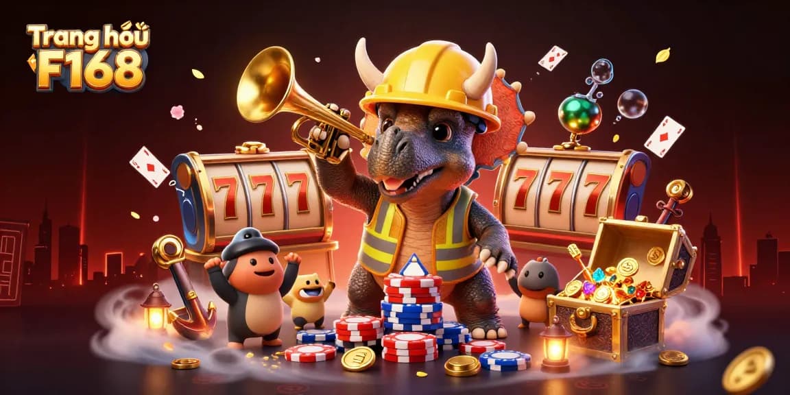 Experience the excitement of Trang chủ F168 with a vibrant illustration of gambling elements and dynamic characters.