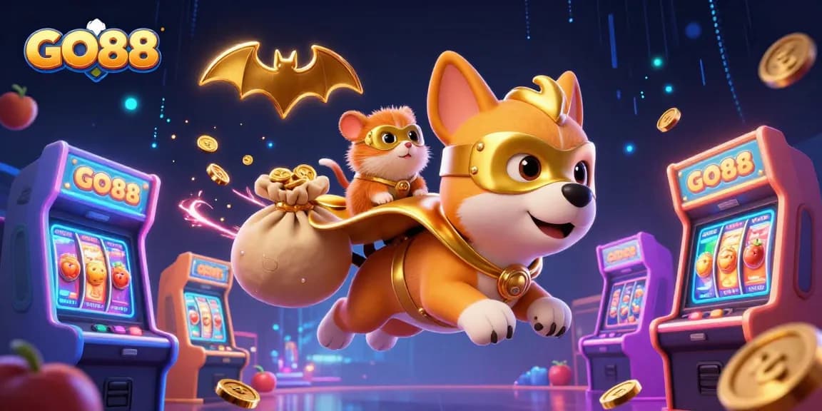 Experience thrilling moments at GO88 as the superhero dog and hamster navigate the vibrant casino world.