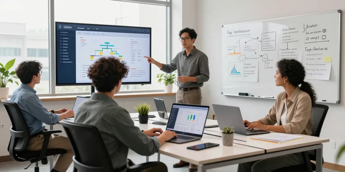 Team collaboration on an age verification system project in a modern office.