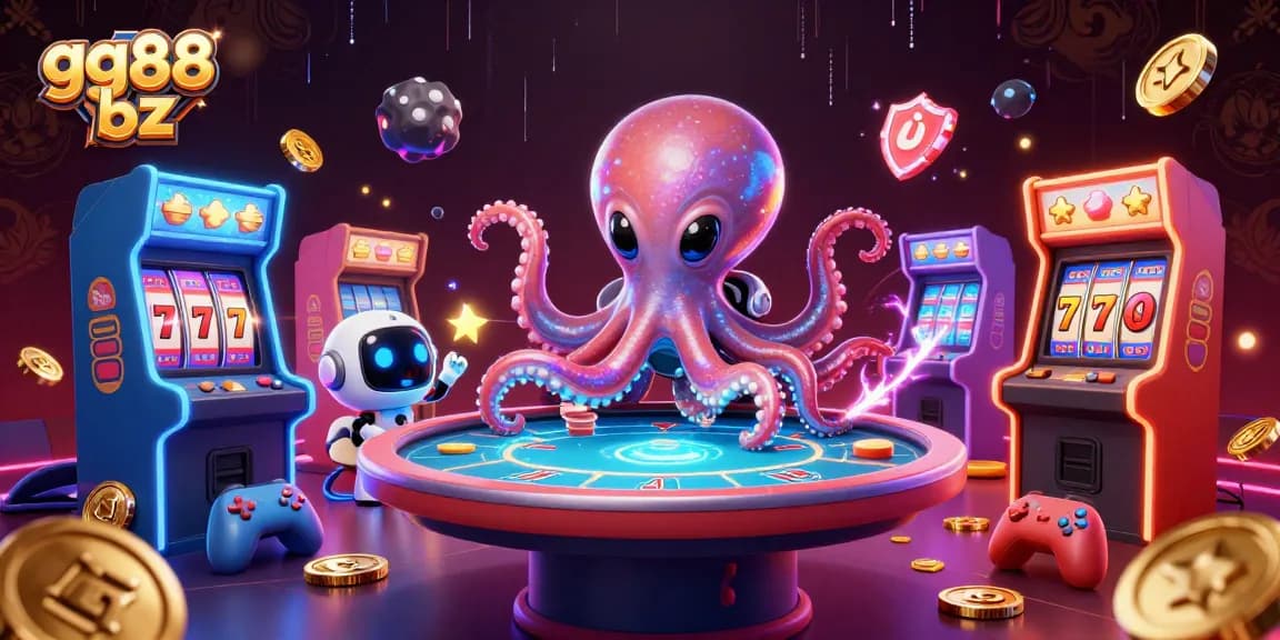 Engage with the thrilling world of gg88 bz while an animated octopus plays poker surrounded by vibrant alien game elements.