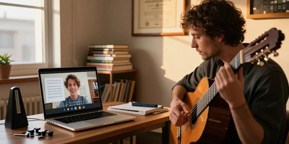 Engaging Zoom Classical Guitar Lessons with a certified instructor in a warm music studio.