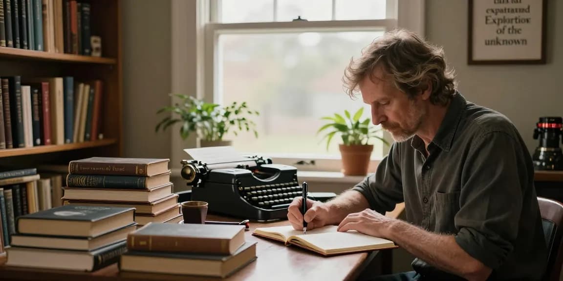 T Allen Greenfield at his contemplative workspace with spirituality and UFO books at https://tallengreenfield.com.