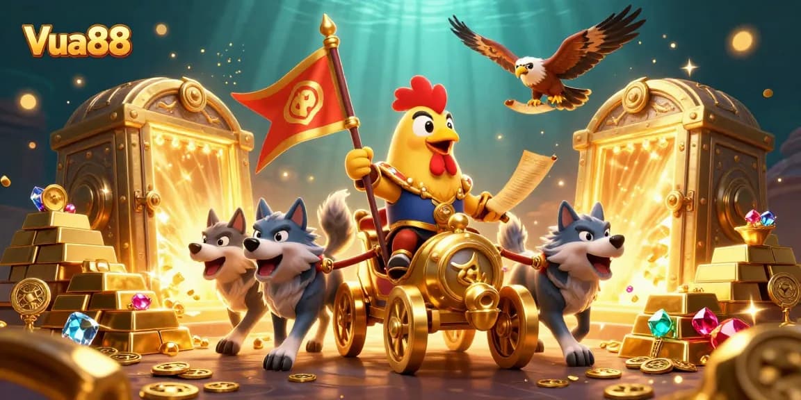 Experience thrilling gameplay with Vua88’s dynamic casino action featuring a golden war chariot and treasures.