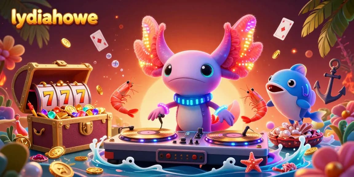Lydiahowe presents a colorful, dynamic underwater casino scene with vibrant characters spinning lucky slot reels.
