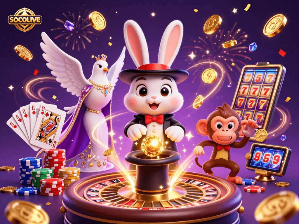 SOCOLIVE showcases a vibrant 3D illustration of a rabbit magician pulling coins, surrounded by casino elements.