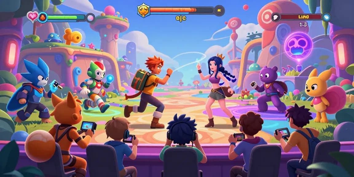 Exciting scene of animated characters in colorful fantasy world engaging with interactive hentai games online, showcasing playful adventures.