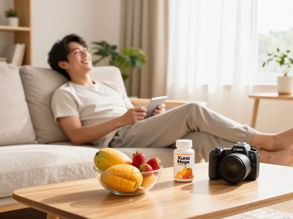 Xuno Mega Mango tablets in a cozy living room setting promoting health and wellness lifestyle