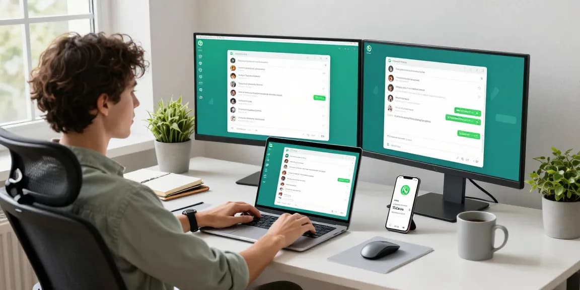 Efficient workspace with user engaging on WhatsApp網頁版, showcasing modern tech tools and a productive atmosphere.