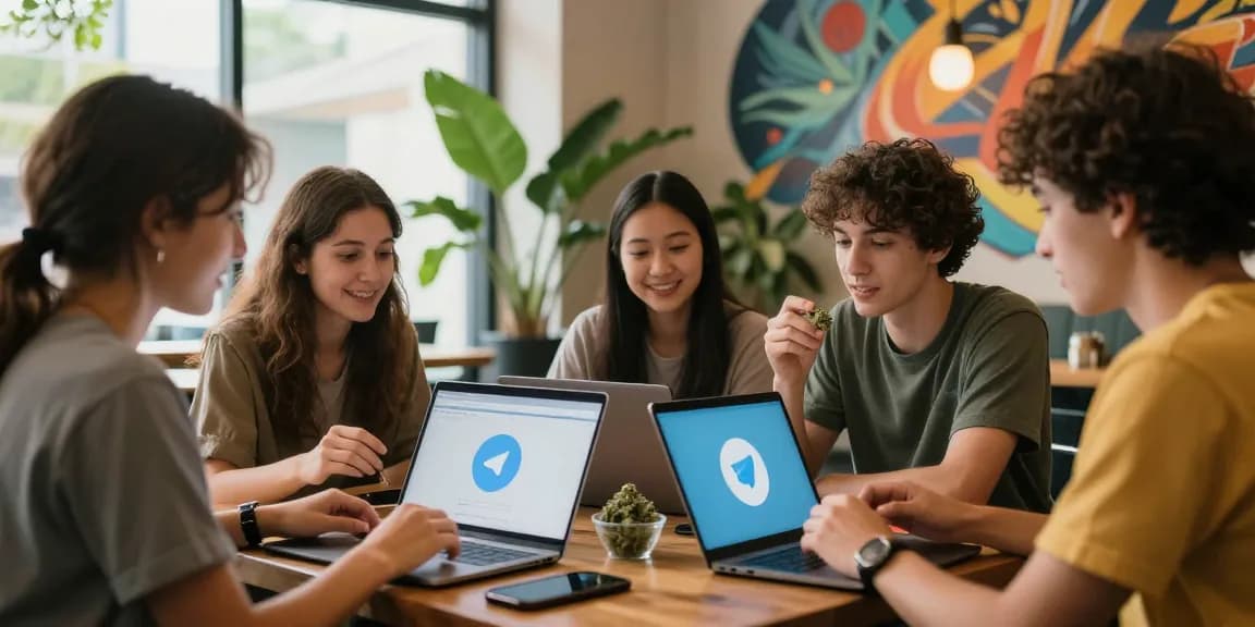 Engaged cannabis community discussing weed telegram near me in a cozy cafe.