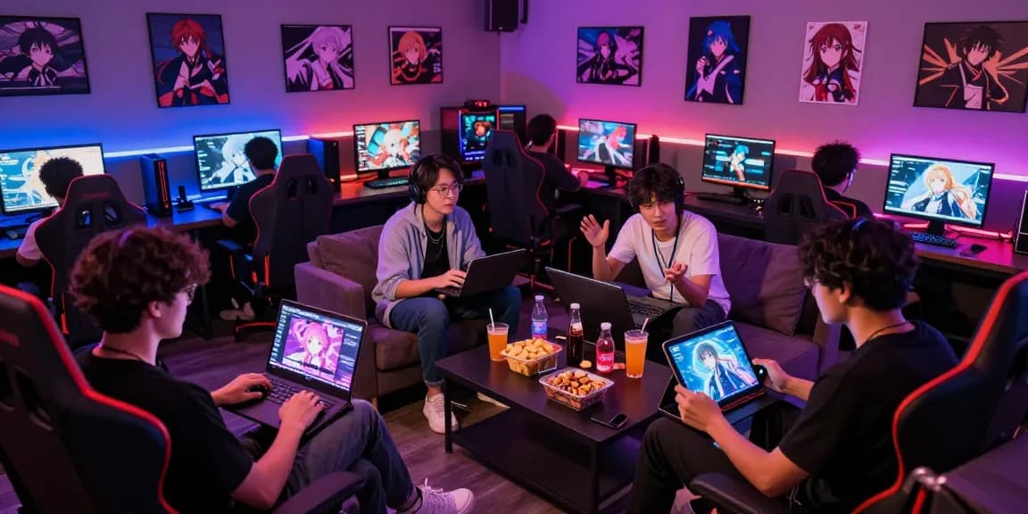 An engaging gaming lounge with players enjoying hentaigame on various devices, showcasing vibrant atmosphere and community spirit.