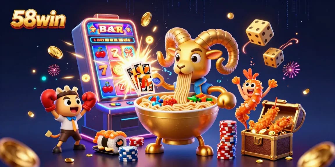 Engage with the exciting world of 58win, featuring vibrant characters in a dynamic casino scene.