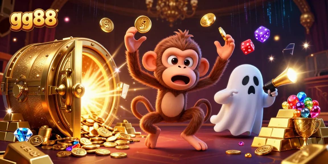 Experience the thrill of gg88 casino with a cartoon ghost monkey juggling gold coins in a haunted setting.