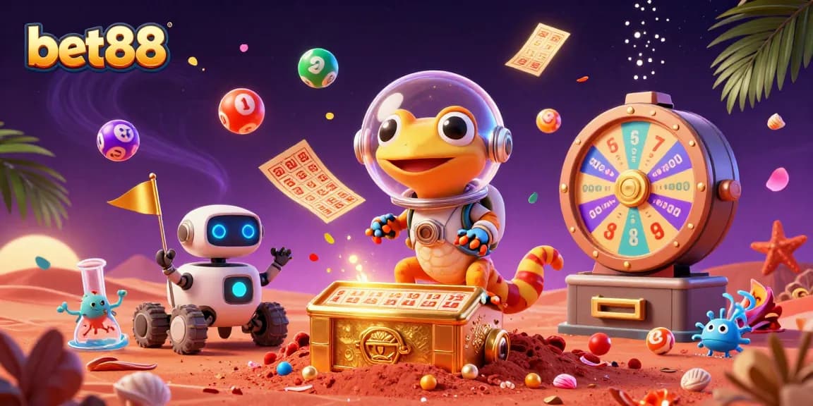 Bet88: Spin colorful lottery balls and golden tokens in an exciting alien casino scene.
