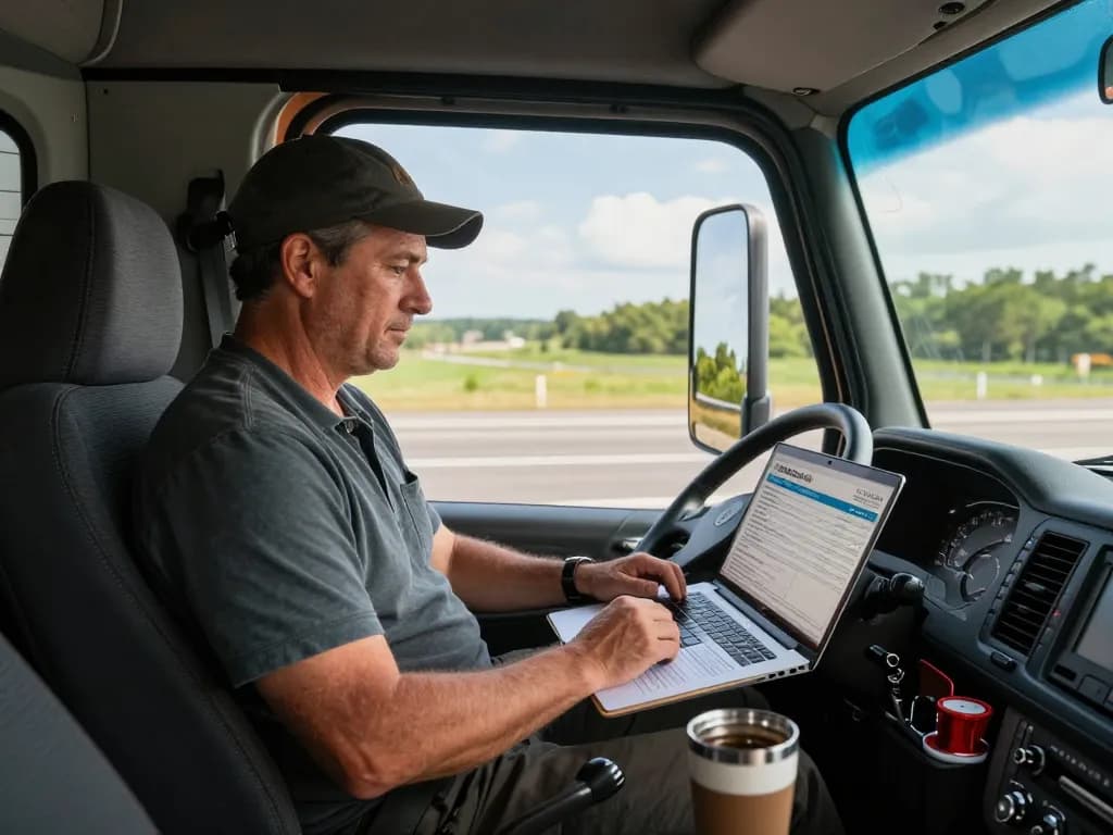 Get truck insurance quote while owner-operator reviews options in semi-truck cab.