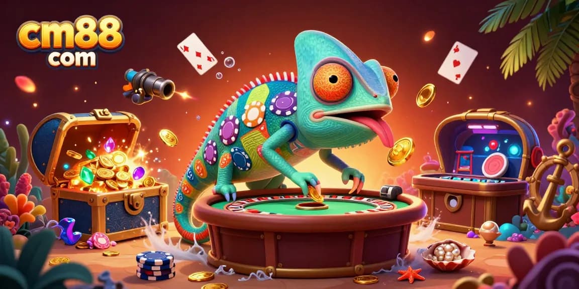 Experience thrilling moments at cm88 com, where vibrant casino elements and a colorful chameleon enhance the excitement.