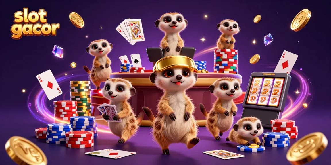 Experience thrilling slot gacor action with meerkats enjoying casino fun in a vibrant 3D scene.