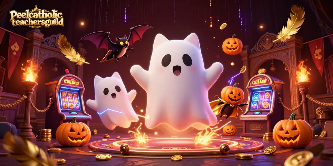 Engage in thrilling gameplay with peelcatholicteachersguild's vibrant haunted casino adventure featuring a ghost cat and vampire bat.
