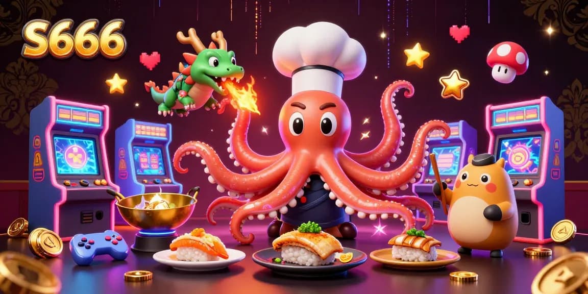 S666 engages players with vibrant casino games and golden dishes in a lively illustration.