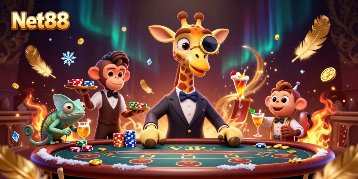 Experience Net88's thrilling poker action with a vibrant 3D illustration of high-roller characters.
