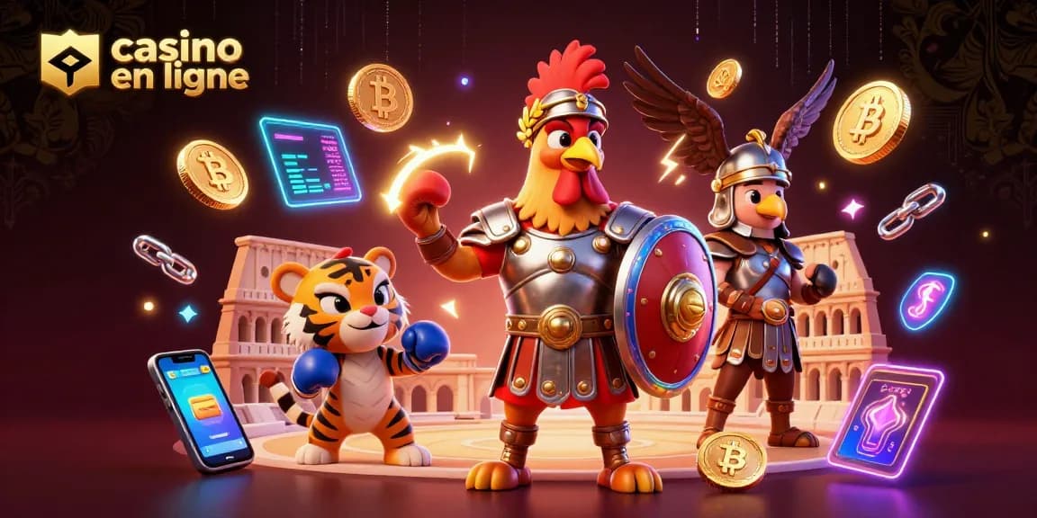 Jouez à des jeux dans un casino en ligne avec le fier coq gladiateur et son partenaire.