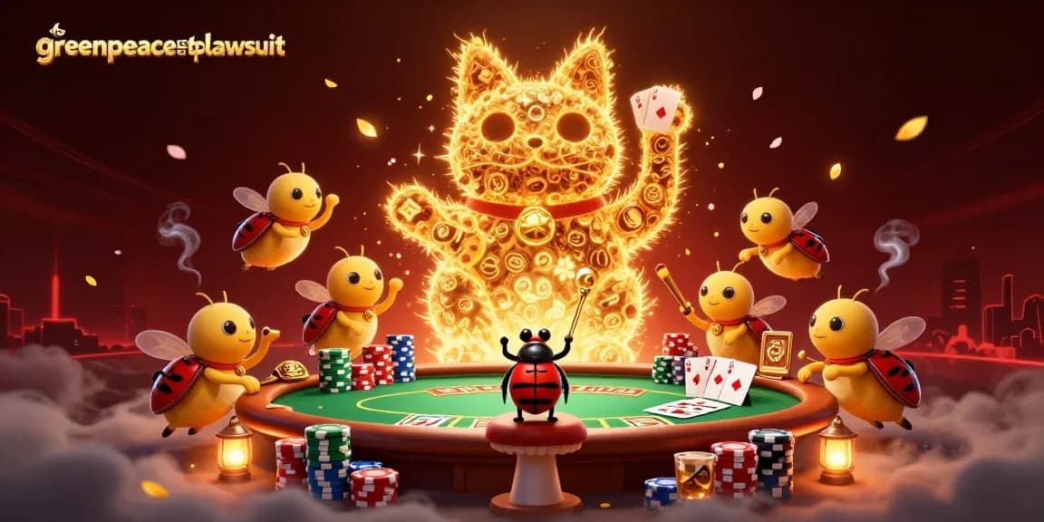 Engage with the vibrant world of greenpeaceetplawsuit, showcasing a lucky cat and poker elements in a dynamic casino scene.