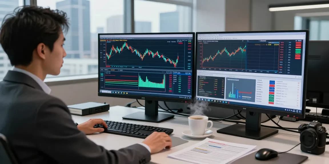 Trader reviewing forex market live prices in a modern office with charts and global news.