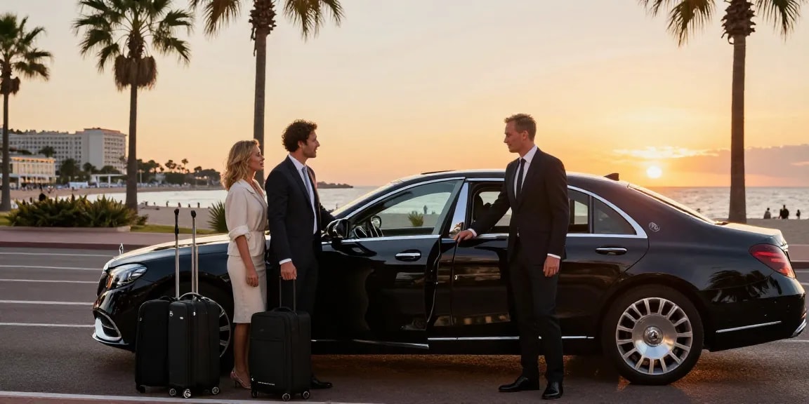 Transfert privé à Nice Cannes avec chauffeur élégant à la plage, luxe et confort.