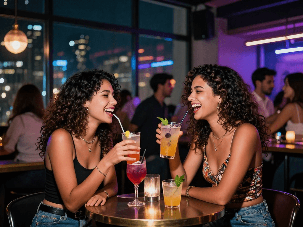 Hai cô gái trẻ vui vẻ uống cocktail trong không gian bar sôi động, thể hiện sự kết nối và trải nghiệm gái gọi.