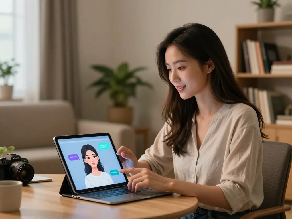 Engaging with an AI girlfriend chatbot in a cozy home office setting, showcasing personal connection.